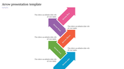 PowerPoint slide featuring five directional arrows in different colors, with text placeholders on a white backdrop.