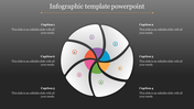 Modern infographic with a rotating pinwheel design, featuring six sections in white, surrounded by text placeholders.