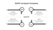 SWOT analysis PPT slide with sections for Strengths, Weaknesses, Opportunities, and Threats, each with grey colored icons.