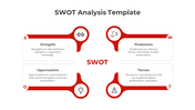 Structured red and white SWOT analysis diagram with rounded corners and circular icons in each quadrant.
