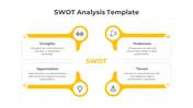 SWOT analysis PPT slide with sections for Strengths, Weaknesses, Opportunities, and Threats, each with yellow colored icons.