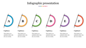 Sequence of six multi colored circles labeled A to F arranged in a horizontal line with small gaps in between.