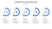 Infographic template with five semi circular elements labeled A to E with blue outer rings and caption areas.
