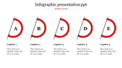 Horizontal set of five red rings with inner letters from A to E, representing an infographic layout.