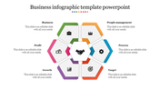 Business infographic slide with six colored hexagonal sections from business to people management with placeholder text.