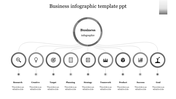 Gray themed slide featuring a business infographic with nine circular icons, connected to a central circle.