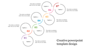 Colorful PowerPoint template design featuring seven numbered circles, each with captions and placeholder text.