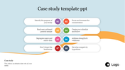 Case study infographic with eight rounded rectangles in pairs, each with a numbered circle in different colors.