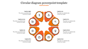 Circular diagram PowerPoint template with eight orange segments, each containing an icon and a caption on a white backdrop.