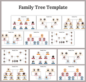 A collection of colorful family tree slides with multiple layouts, showing family member icons arranged across generations.