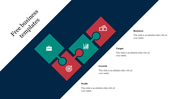 Four piece puzzle infographic with alternating red and green squares, each containing business related icons.