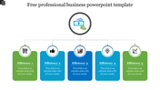 Slide for business presentation detailing five colorful efficiencies under a central money icon, each with text area.