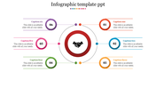 Circular infographic with six numbered sections, each in a different color, connected to a central handshake icon.