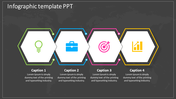 Dark themed infographic with four hexagonal sections, each outlined in different colors and placed with icons.