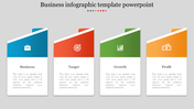 Infographic cards with slanted tops in blue, red, green, and orange with business related icons and placeholder text below.