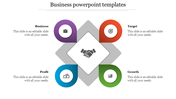 Business themed slide with four circular icons in purple, red, blue, and green, centered around a diamond framed handshake.
