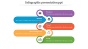 Infographic slide showing a winding path with five sections each with its own color icon and placeholder text.