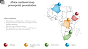 Africa map with blue, red, orange, and green pins highlighting countries, and matching labels below.