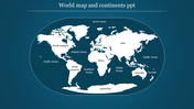 White silhouette world map on a dark background, showing labeled continents and oceans within an oval projection.