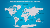 World map slide showing labeled continents and oceans from North America, Asia, Africa, Australia, and Antarctica.