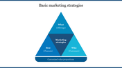 Triangular diagram in blue tones, divided into four labeled sections focusing on marketing strategies.