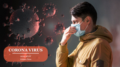 PowerPoint slide showing a person wearing a mask in front of a visual representation of the coronavirus with text.