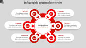 Red circular infographic with six connected nodes, and white text areas extending outward on a gray background.