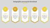 Five step infographic PowerPoint template with yellow accents and text boxes on a grey backdrop.