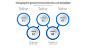 Circular infographic with five silver gradient circles outlined in blue, labeled Caption 01 to 05 in a staggered layout.