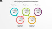 Infographic PowerPoint template with five numbered color coded circles with captions and placeholder text.