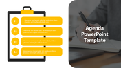 Agenda infographic with four yellow circular steps and rectangular boxes over a clipboard graphic on left, photo on right.