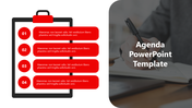Slide with a red agenda list featuring four numbered circles and a background image of someone writing on the right.