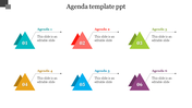 Agenda slide with five rounded vertical sections in different colors, each displaying a title, placeholder text areas.