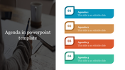 Agenda template with a left-side background of a person writing and four numbered agenda sections in distinct colors.