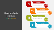 Colorful SWOT analysis PPT slide featuring four sections for Strength, Weakness, Opportunity, and Threats with icons.