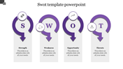 Purple themed SWOT analysis template with four curved arrows, each pointing downward, and text box below.