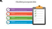 Checklist PowerPoint slide with colorful sections and checkmarks on each item with captions.