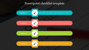 Business checklist slide featuring four vibrant bars with checkmark icons and caption labels, set on a darkened background.