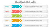 A clean and organized checklist slide featuring five captioned sections with checkmark icons for tasks.