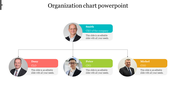 Organization chart PPT slide displaying CEO Smith at the top, followed by CLO, CFO, and COO with name and position fields.