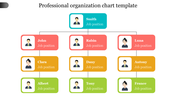 Hierarchical organization chart with team members displayed in colored boxes, showing their names and job positions.