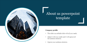About us slide with a circular image of skyscrapers, a bold title, and a company profile section with bullet points.