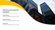 About us slide with a white and yellow curved design, featuring a modern skyscraper background, and structured text layout.