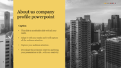 About Us slide with a urban backdrop and three infographic icons in gold, red, and green representing key business factors.