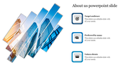 About us slide with diagonal skyscraper cutouts, and three blue icon boxes, set on a white backdrop.