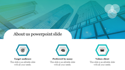 About Us PPT slide with blue hexagonal icons from target audience to values client over a skyscraper background.