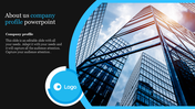 About us slide with black and blue theme, skyscraper image, circular logo section, and modern curved design elements.