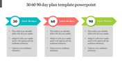 Slide featuring three structured boxes with arrow banners in blue, red, and green, labeled with 30, 60, and 90 day goals.