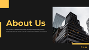 About Us slide with company description and social media icons, showcasing a modern office building on a dark theme.