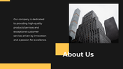 About Us slide featuring a photo of skyscrapers and a description of the company’s dedication on a dark backdrop.